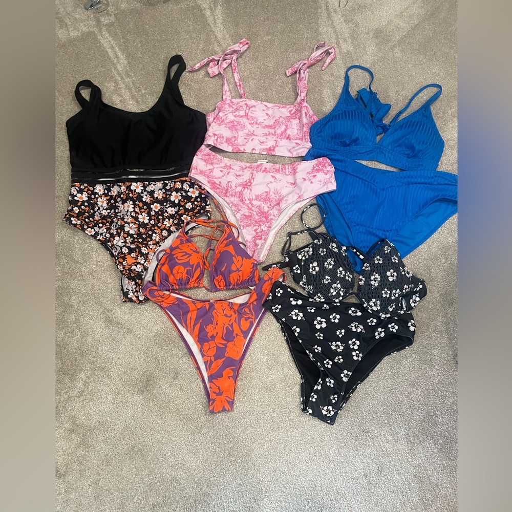 Women’s Floral & Solid Bikini and Bralette Swim Set - Pink, Blue, Black, Orange